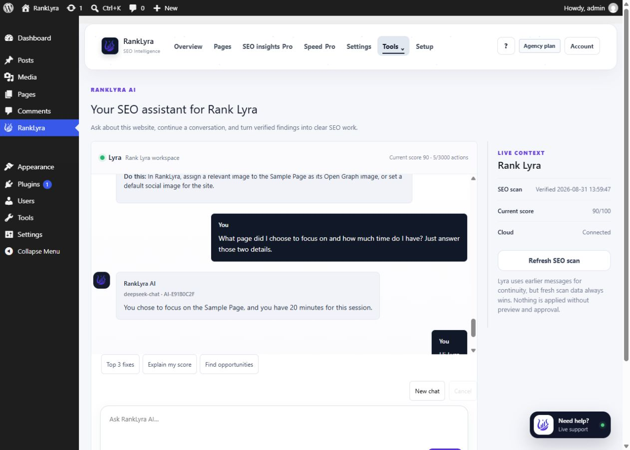 RankLyra AI assistant showing a site-aware SEO conversation and verified context