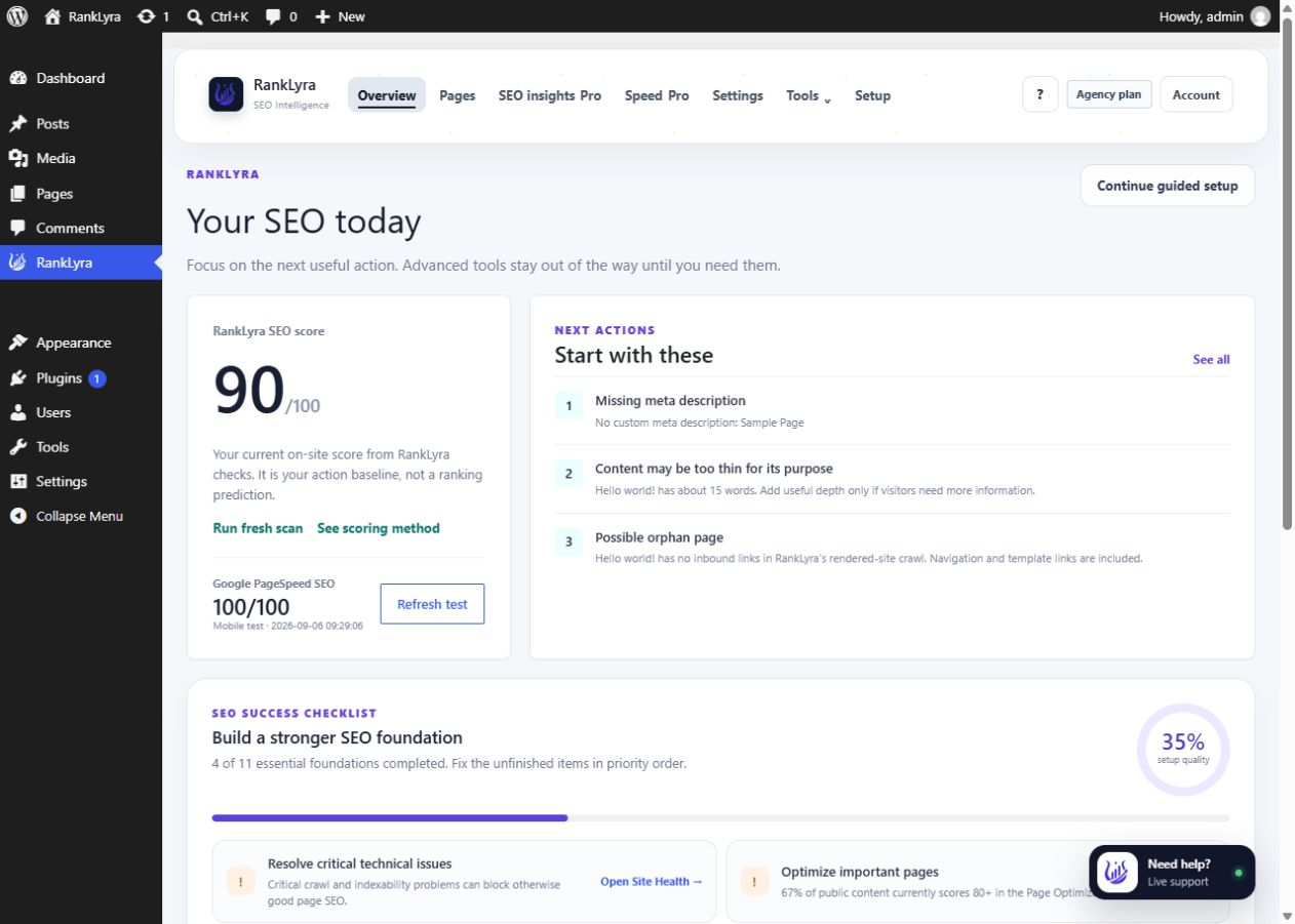 RankLyra WordPress dashboard showing a 90 out of 100 action score and prioritised SEO fixes