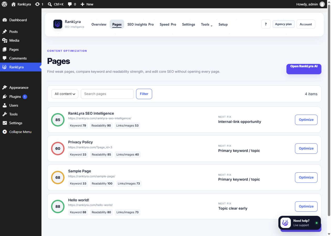 RankLyra Pages view showing page scores, next fixes and optimisation controls